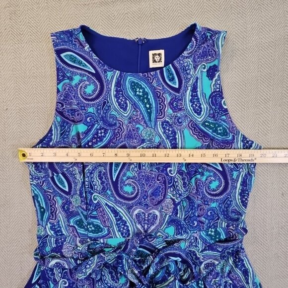 Anne Klein Midi Dress Women's 10 Navy Blue Paisley Belted Sleeveless Stretch Zip - Picture 3 of 9